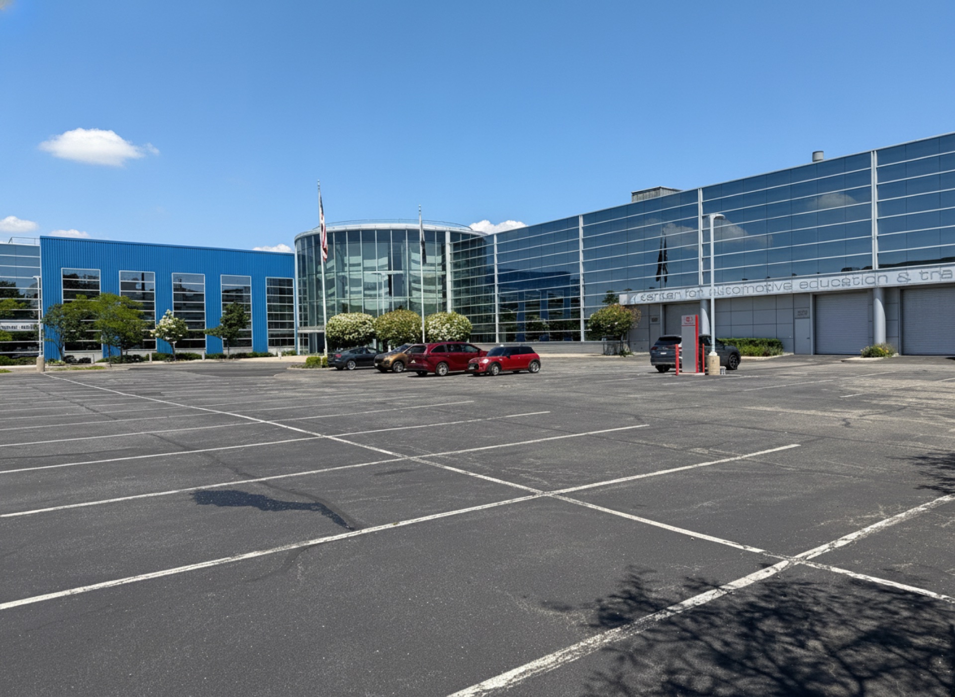 The blue-and-glass building exterior