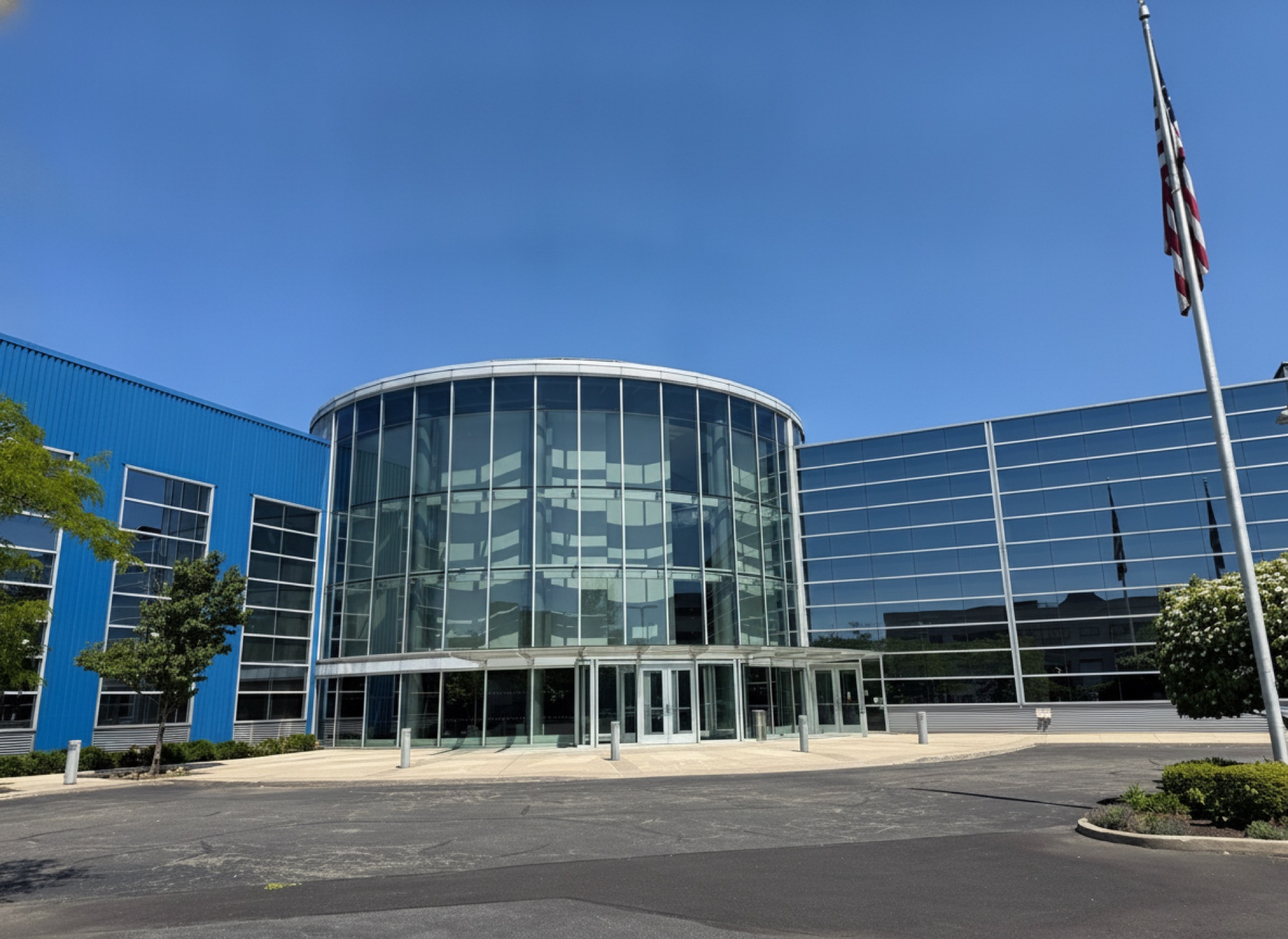 The Center's curved glass rotunda entrance